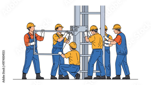 Building a better future: A diligent team of construction workers collaborate to erect a steel structure, their expertise evident in the precision of their work.