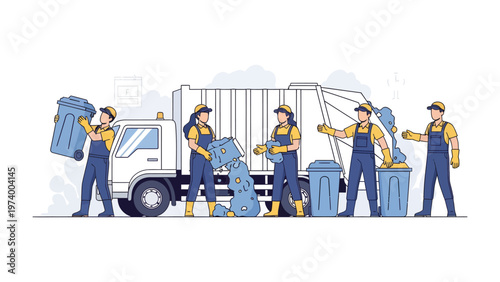 Community Cleanliness: A team of dedicated waste collectors diligently manages waste disposal, emptying bins, loading a waste disposal truck, maintaining a neat, clean environment for the community.