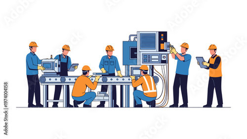 Industrial Precision: A team of skilled technicians meticulously working on complex machinery, embodying the essence of precision and dedication within a modern industrial setting. 