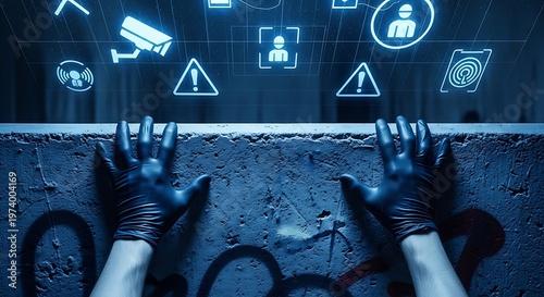 Hackers Hands on a Wall with Security Icons Overlay.