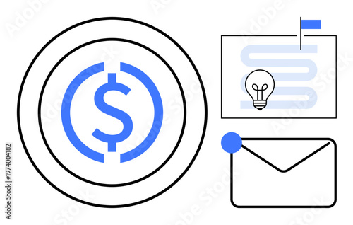 Financial communication. Dollar symbol money, lightbulb for ideas, envelope for messaging, and flag for goals highlight the importance of financial communication. Perfect for fintech, business