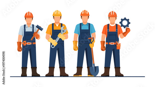 Construction Workers Posing: A group of skilled construction workers, each holding a different tool, stands ready for action, epitomizing the dedication and expertise of the construction trade.