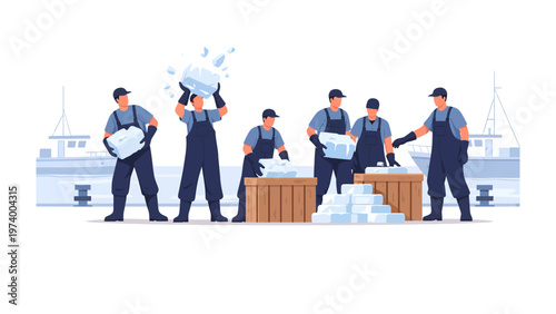 Ice Handling Crew: A group of diligent workers handles ice blocks, the image conveying the essence of industry, labor, and the process of preservation.