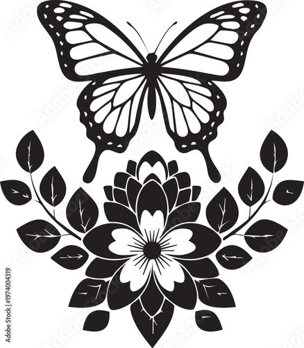 Symmetrical monarch butterfly and lotus flower silhouette for zen yoga studio branding spiritual wellness and mandalas art decor.