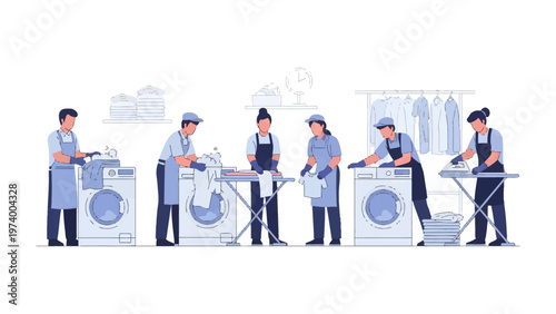 Laundry Day Harmony: A team of diligent professionals diligently manages the art of laundry. The scene, imbued with cleanliness and order, shows washing machines and ironing.