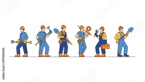 Builders in Line: A team of construction builders stands united, each holding their essential tools, ready to build and create