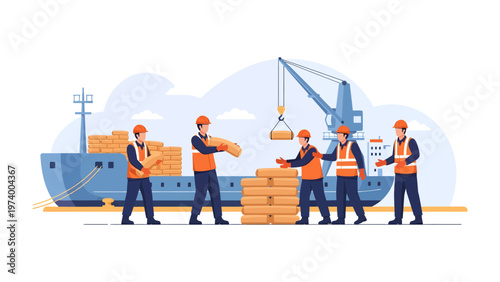 Harbor Workers: a crew of dockworkers and shipping company employees collaborating in a vibrant harbor, emphasizing industry, trade, and the art of global logistics