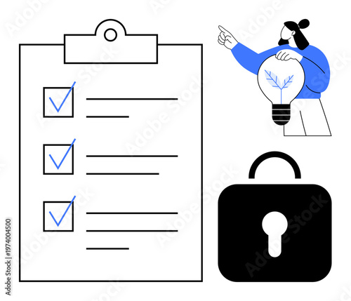 Task management, creativity, innovation, cybersecurity, business security, organization. Features checklist, lock icon and person holding lightbulb. Task management and innovation concept