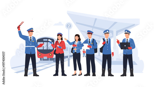 Transport Professionals at Station: A group of dedicated transport professionals, dressed in their uniforms, guide passengers and manage operations at a modern station setting.
