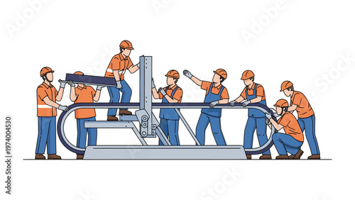 Assembly Line Teamwork: Illustrates a skilled team collaboratively constructing a machine, highlighting the unity and precision required in the industrial process. 
