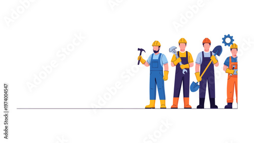 Building Crew: A dedicated team of construction workers stands ready for a new project, each member equipped with their essential tools and dressed in safety gear, ready to build and create.