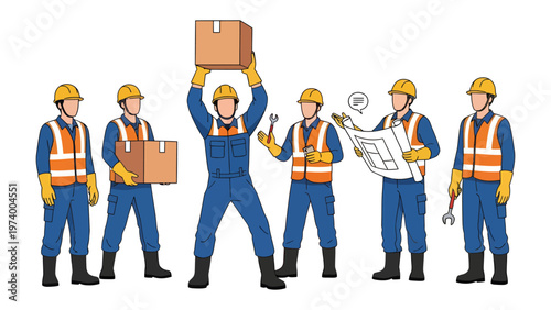 Construction Crew Collaboration: A group of construction workers in blue uniforms and yellow helmets are actively engaged in various tasks. One worker holds a blueprint.