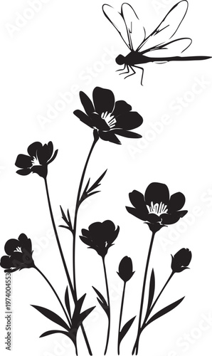 Elegant dragonfly flying above field wildflowers silhouette for summer garden landscape decoration and botanical art printing.