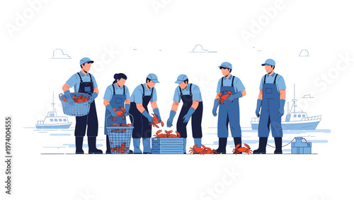 Seafood Harvest: A team of diligent workers meticulously sorting and managing the day's catch, embodying the core of the fishing industry