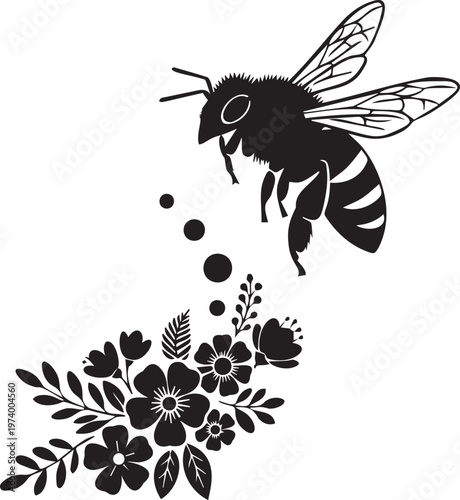 Flying honey bee gathering pollen over wildflower cluster silhouette for honey production branding and spring nature concepts.