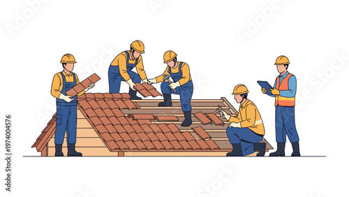 Roofing Team at Work: A team of construction workers is diligently repairing a roof. They are installing roof tiles on a house, representing the importance of craftsmanship and construction.