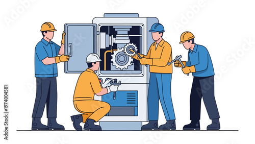 Precision Engineering: Skilled technicians meticulously maintain a complex machine, demonstrating expertise and teamwork.