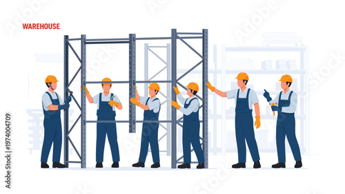 Warehouse Assembly: A team of skilled workers meticulously construct a towering warehouse racking system, demonstrating expertise and precision in their labor.