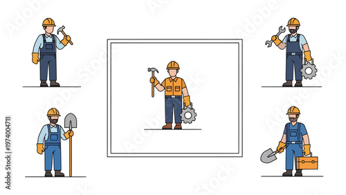 Construction Workers with Tools: A diverse array of construction workers, each holding essential tools of their trade, stand ready.