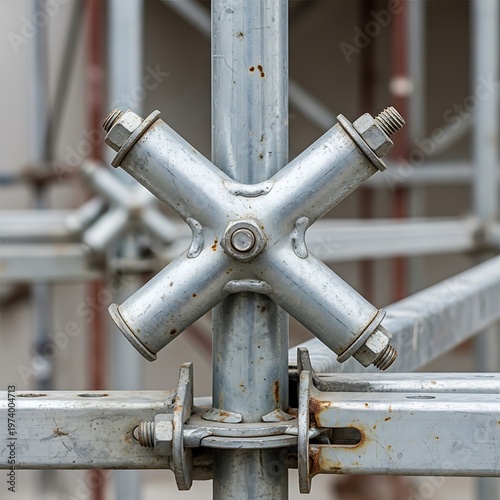 Scaffolding structure with rusty metal joints and pipes