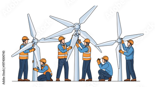 Wind Turbine Maintenance: A team of skilled technicians meticulously inspects and maintains wind turbines, symbolizing the commitment to sustainable energy and technological advancement.