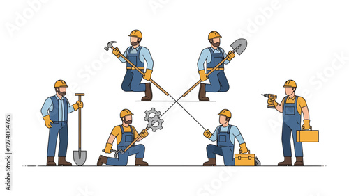 Construction Crew at Work: A collection of construction workers, each engrossed in their craft, embody the essence of craftsmanship and skilled labor.