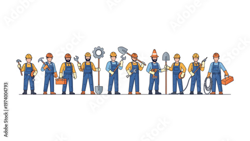 Construction Crew in Uniform: A united group of construction workers, each bearing their essential tools, stand together in coordinated array, highlighting industry teamwork and diverse skill sets.