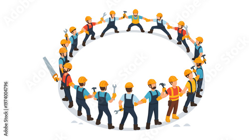 Construction Crew: United builders in a circle of collaboration, symbolizing teamwork and the strength of a united workforce.