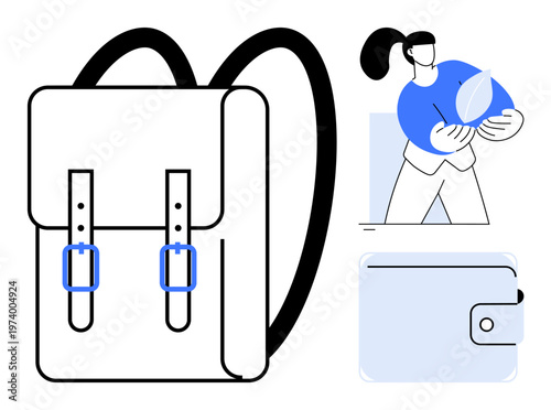 Sustainable living, eco-consciousness, travel, organization, finance, modern lifestyle. Backpack with straps, person holding a leaf and wallet icon. Sustainable living and eco-consciousness concept