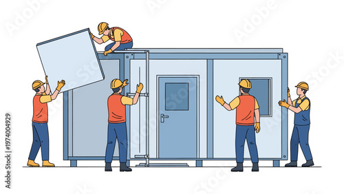 Construction Team Assembling Structure: A skilled construction team works together to assemble a modular structure, highlighting teamwork, precision, and the progress of a building project.