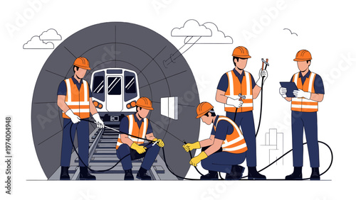 Metro Maintenance Crew: A dedicated maintenance team diligently inspects a metro railway tunnel, ensuring seamless functionality and safety.