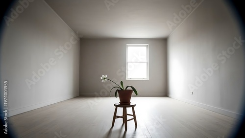 Solitary white flower in a minimalist room bathed in natural daylight