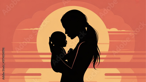 Mother, baby, silhouette, sunset, orange, vector icon, family, love, parenthood