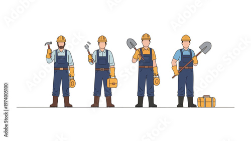 Constructive Team: Group of construction workers standing confidently, showcasing essential tools and equipment in a harmonious collaboration.