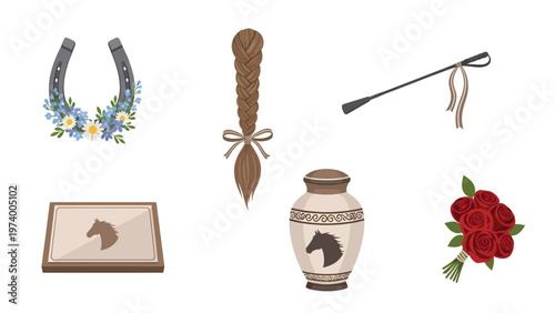 Equestrian Memorial Collection: Horse Urn, Lucky Horseshoe, Braided Tail, Riding Crop, and Roses