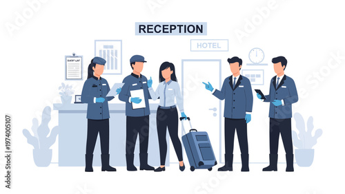 Hotel Reception Staff in Action: A stylized illustration presents a diverse group of hotel staff engaged in their daily duties. The scene captures the essence of hospitality.