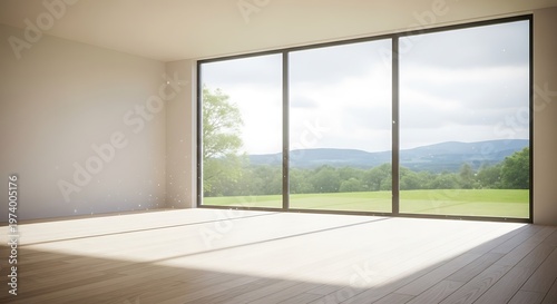 Sunlit spacious room showcases expansive views through large window panes