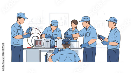 Team Assembling Tech: An illustration of a skilled tech team collaborating harmoniously to assemble intricate machinery, highlighting precision and teamwork.