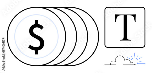 Financial services, typography design, digital currency, economy, minimal art, investment concepts. Stacked dollar coins beside a bold T text block and a tiny cloud icon. Financial services