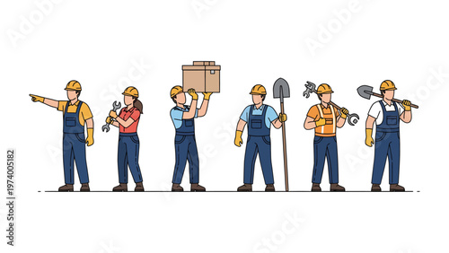 Team of Construction Workers: A group of skilled construction workers, equipped with their essential tools and dressed in work attire, collaborate on a project.