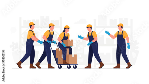 Warehouse Workers: A team of diligent warehouse workers engaged in moving boxes. Their collaborative effort ensures efficient logistics within the warehouse environment, showcasing their dedication.