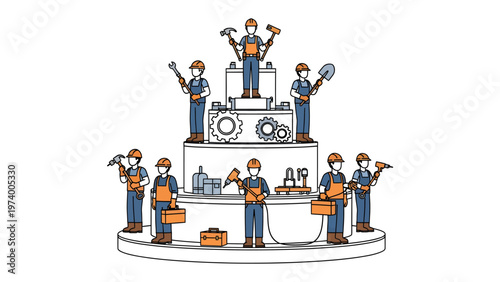 Industrial Precision: An illustration showcases a group of construction workers diligently engaged in their trade. They are surrounded by essential tools and machinery.
