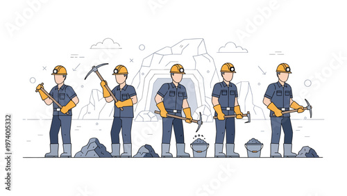 The Mining Crew at Work: A team of miners, clad in sturdy workwear and helmets, diligently engage in their daily work routines inside a dark mine, working alongside tools like a pickaxe and shovel.
