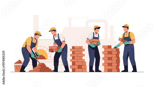 Construction Workers at Work: A team of skilled construction workers diligently engaged in the process of building, laying bricks, and showcasing their craftsmanship on a new project.