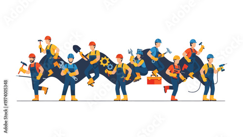 Team of Craftsmen at Work: A collection of skilled craftsmen is at the heart of the illustration, each representing a facet of labor and expertise and carrying different tools for various tasks.