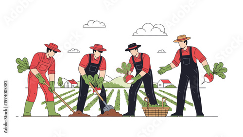 Harvest Harmony: A group of farmers collaboratively cultivating the earth, gathering the fruits of their labor in a vibrant illustration of rural life.