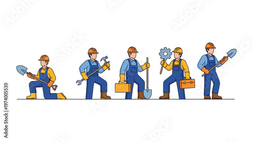 Construction Crew in Uniform: A series of skilled construction workers, each displaying their specialized tools, stand poised against a crisp backdrop.