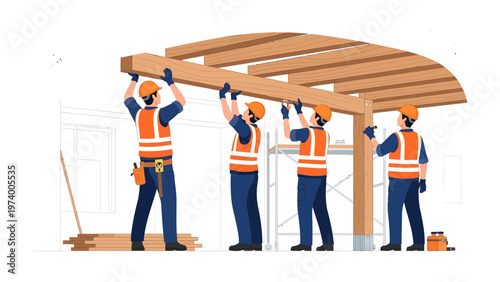 Construction Crew at Work: A team of skilled builders diligently constructs a wooden structure, showcasing their expertise and precision in the craft.