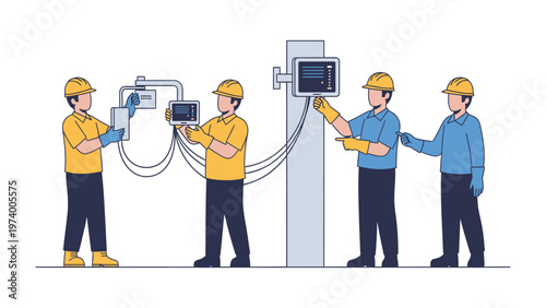 Electrical Engineering Team: A dedicated team of electrical engineers collaborating on a complex project. They are focused on installation and maintenance.