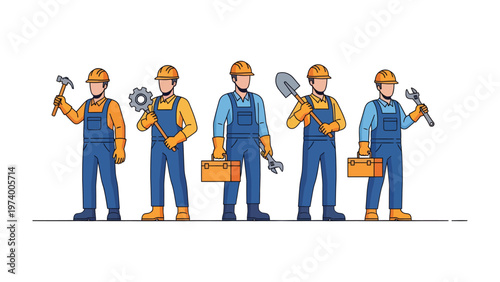 Construction Crew in Unity: An illustration features a united construction crew standing shoulder-to-shoulder, each member confidently holding a specific tool.